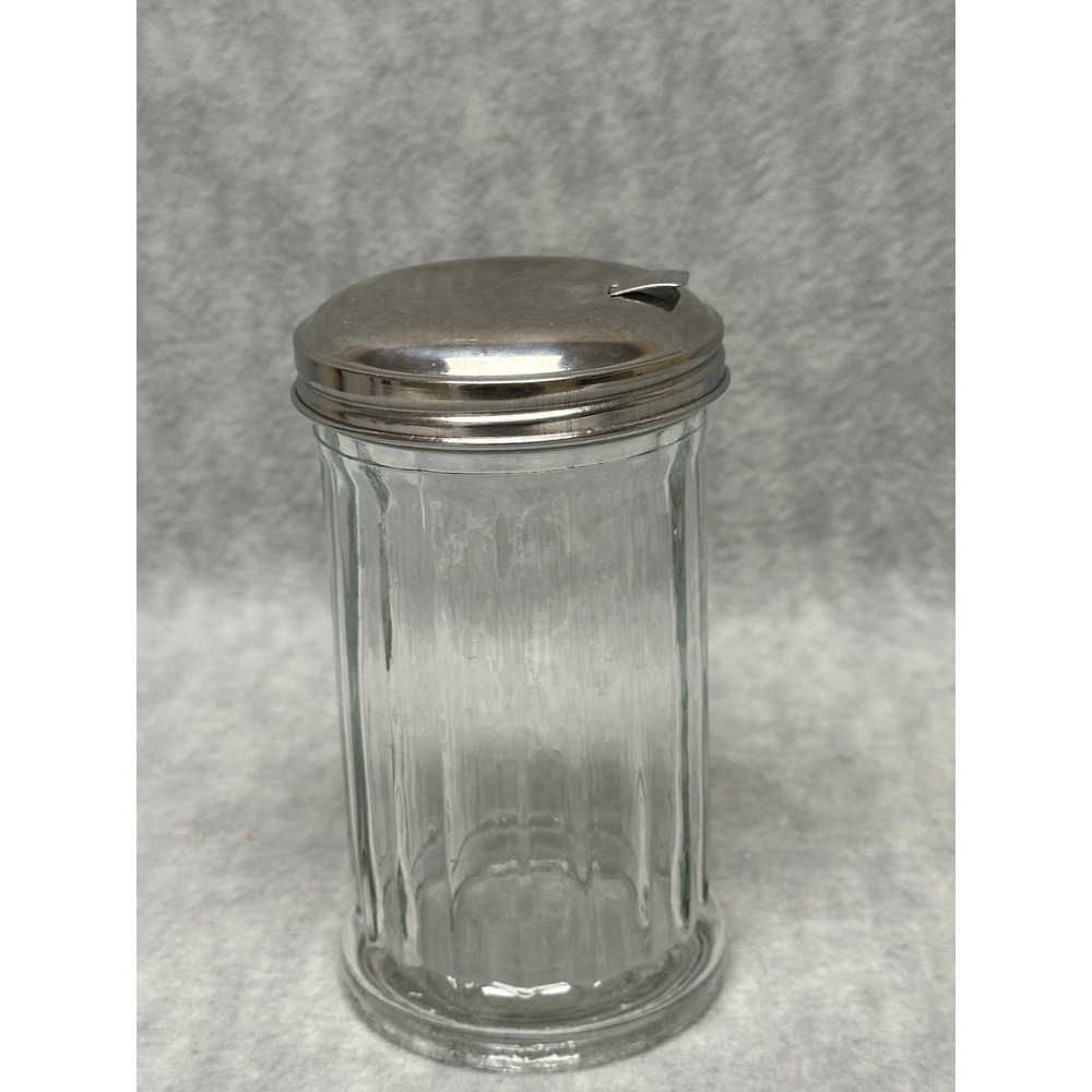Unbranded Vintage Style Sugar Pourer Dispenser Clear‎ Fluted Glass Stainless Lid